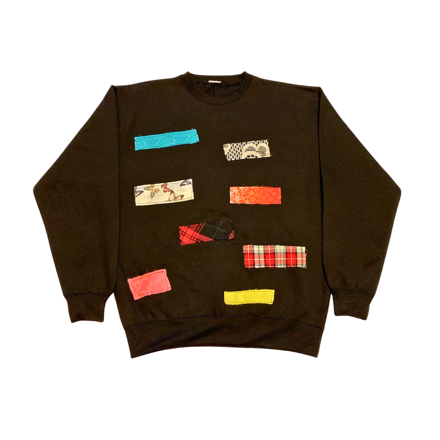 A unique applique funky sweatshirt, handcrafted in London with upcycled and vintage fabric