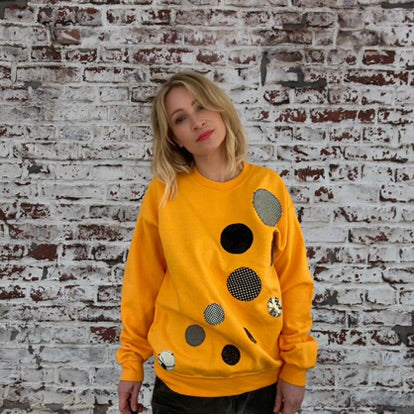 A unique applique funky sweatshirt, handcrafted in London with upcycled and vintage fabric