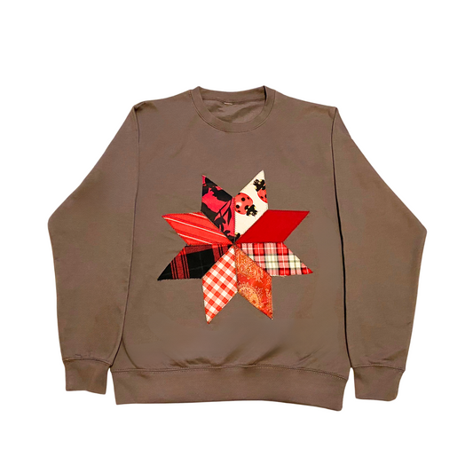 A unique applique funky sweatshirt, handcrafted in London with red start upcycled and vintage fabric